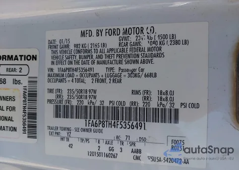 2015 Ford Mustang Ecoboost из США, поврежденный, VIN 1FA6P8TH4F5356491